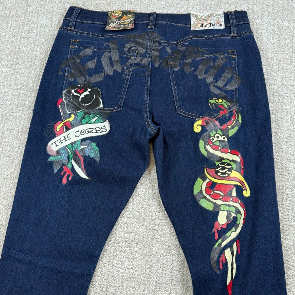 NEW Ed Hardy Mens 32x36 Stacked Bootcut Graphic Tattoo Snake Stretch Blue Jeans